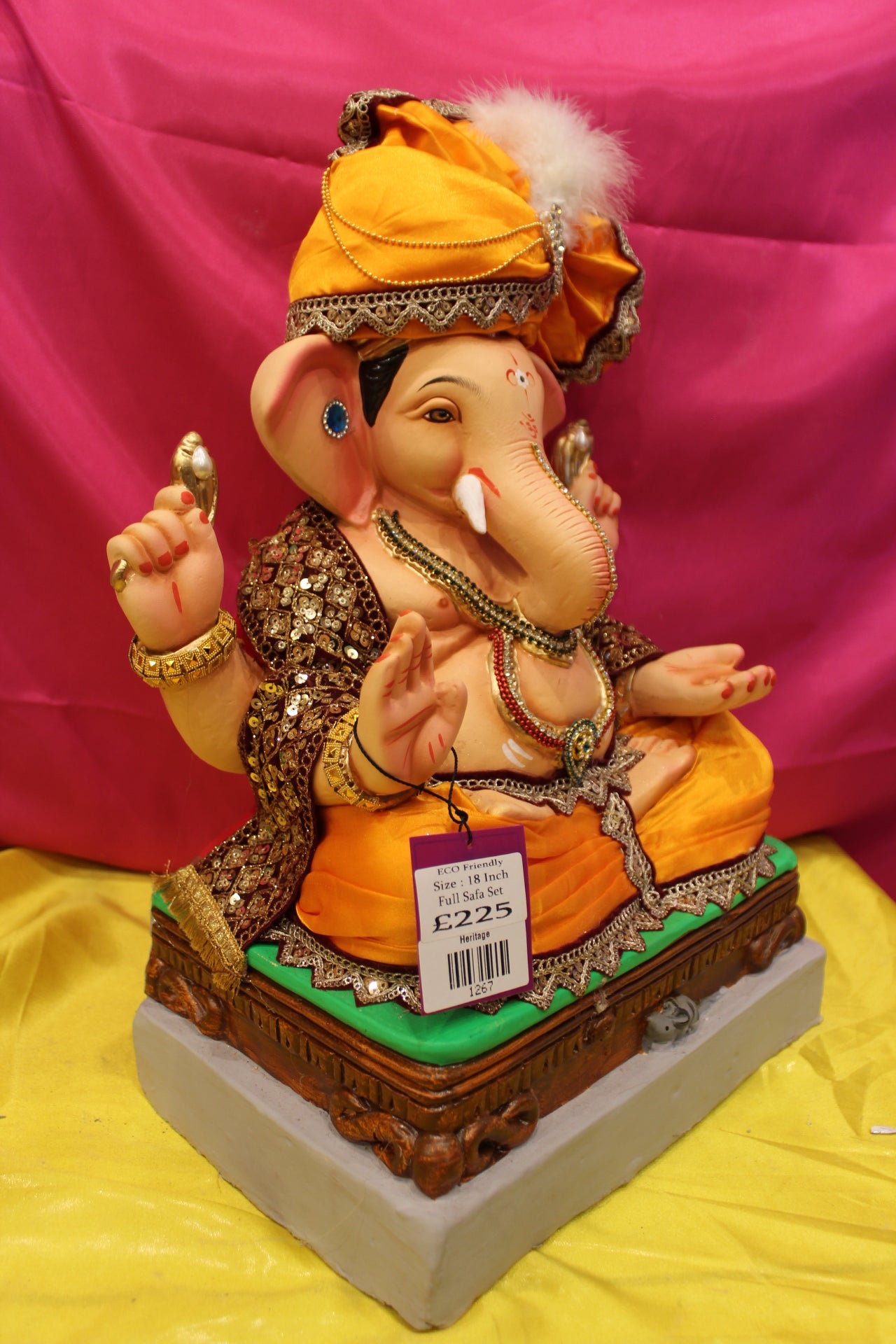 Eco-Friendly Ganesh Visarjan Idol – Full Safa Set, Marigold Silk & Antique Gold, ~18 inch
