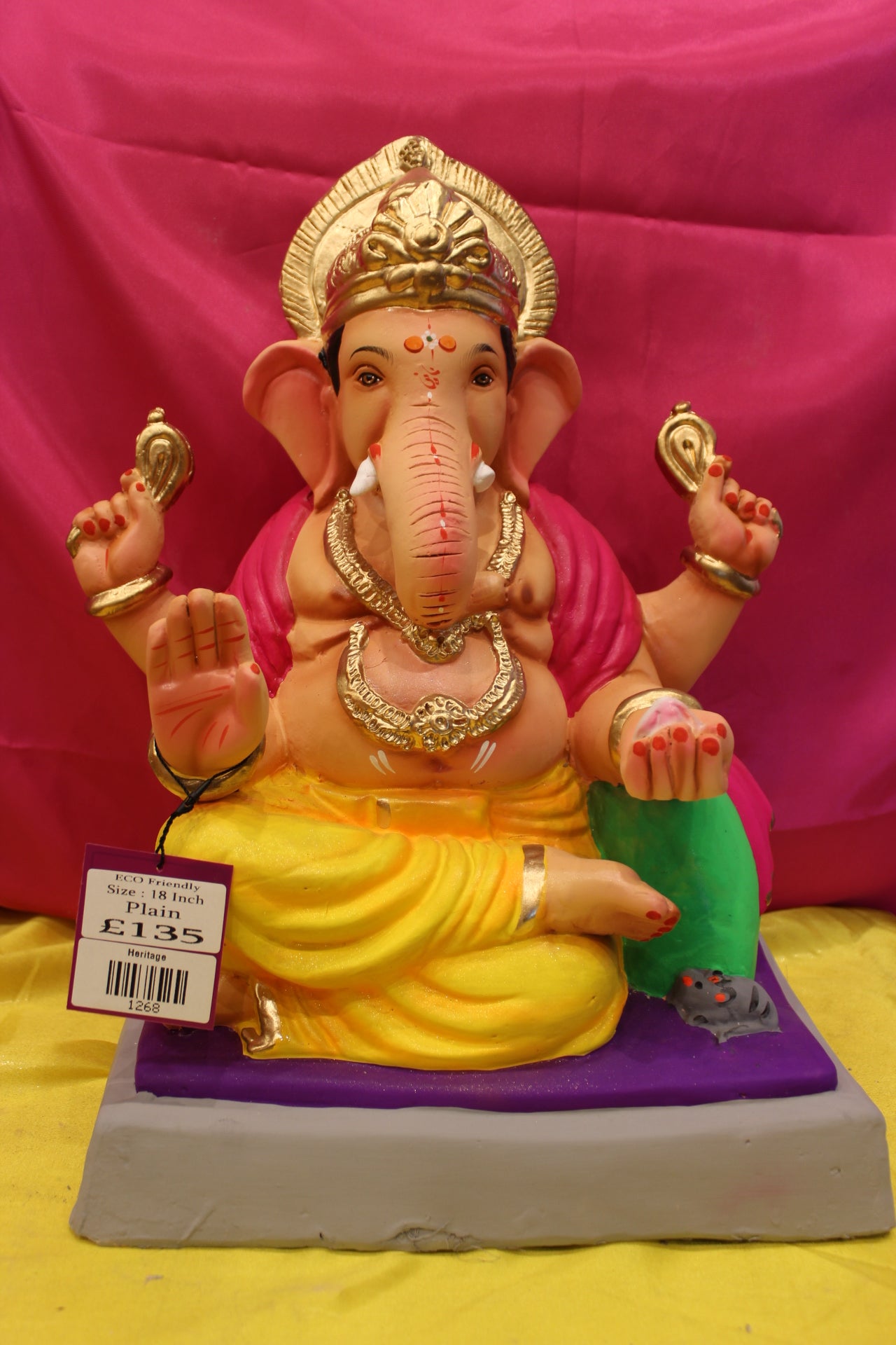 Eco-Friendly Ganesh Visarjan Idol – Yellow Dhoti & Hot Pink Khes, ~18 inch