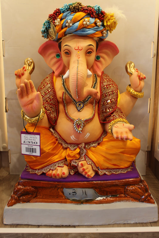 Eco-Friendly Ganesh Visarjan Idol – Full Safa Set, Saffron Pheta & Flower Garland, 24 inch