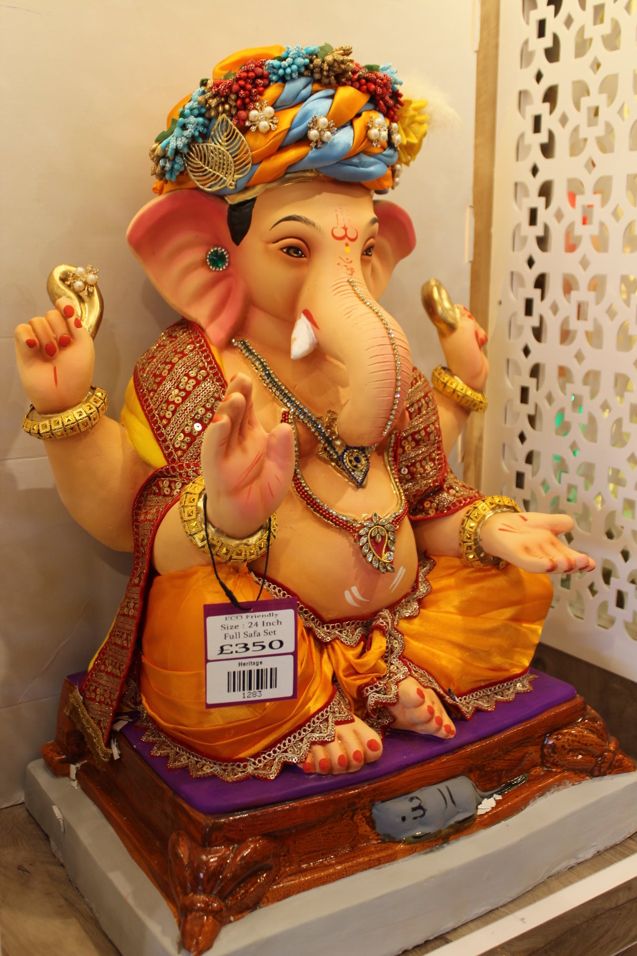 Eco-Friendly Ganesh Visarjan Idol – Full Safa Set, Saffron Pheta & Flower Garland, ~24 inch
