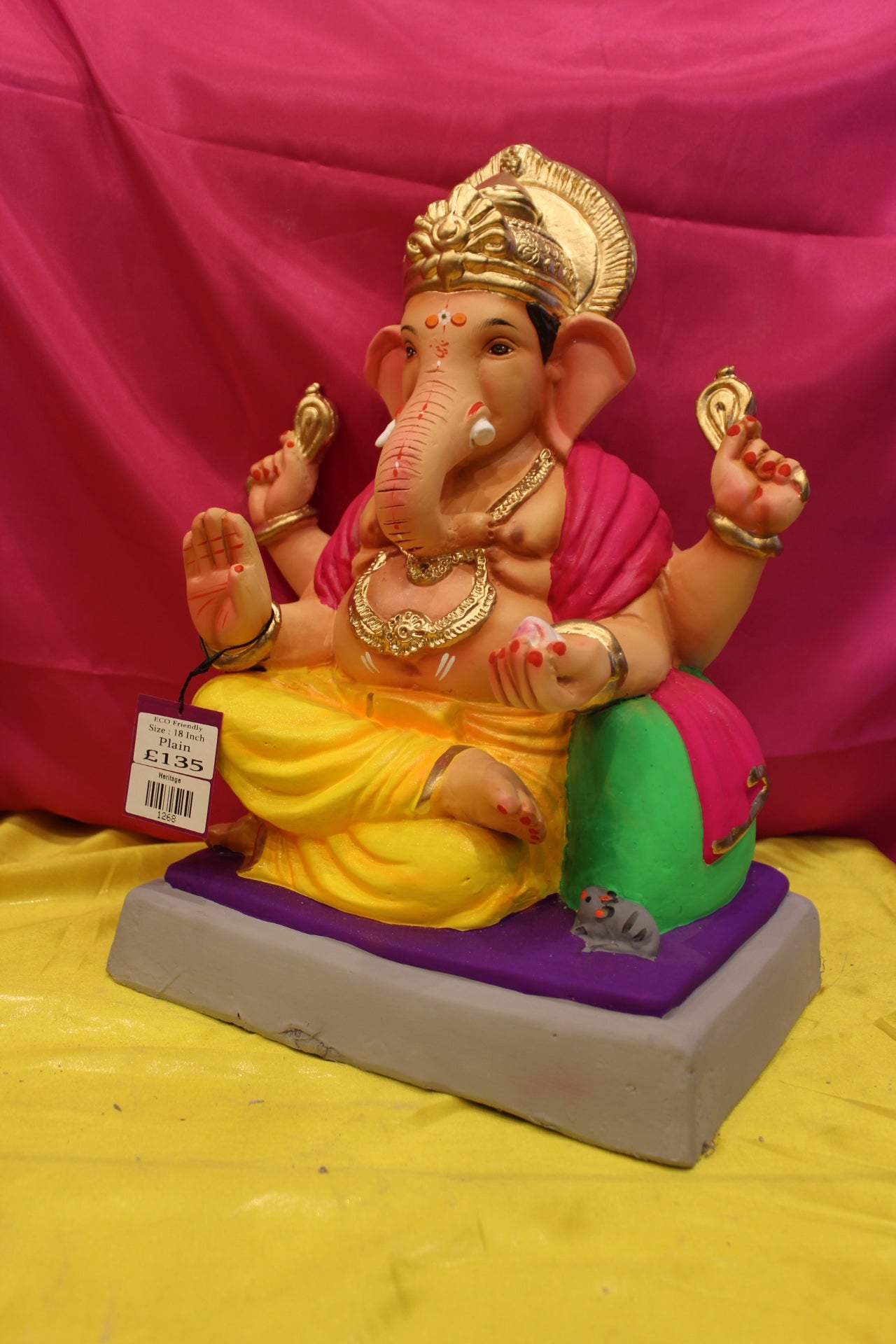 Eco-Friendly Ganesh Visarjan Idol – Yellow Dhoti & Hot Pink Khes, ~18 inch