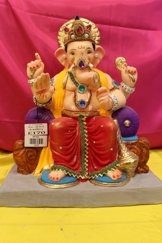 Eco-Friendly Ganesh Visarjan Idol – Jewellery Style, Red Khes & Yellow Dhoti, 18 inch