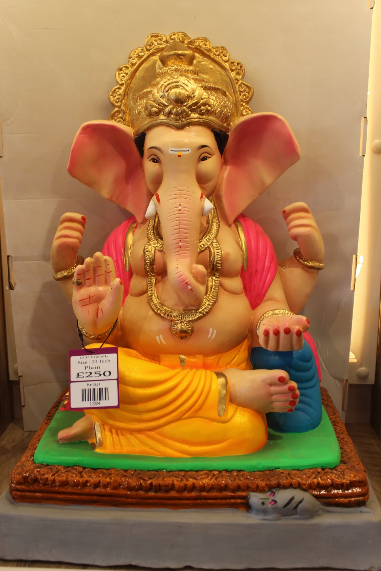 Eco-Friendly Ganesh Visarjan Idol – Yellow Dhoti & Pink Khes, Gold Prabhavali, ~24 inch