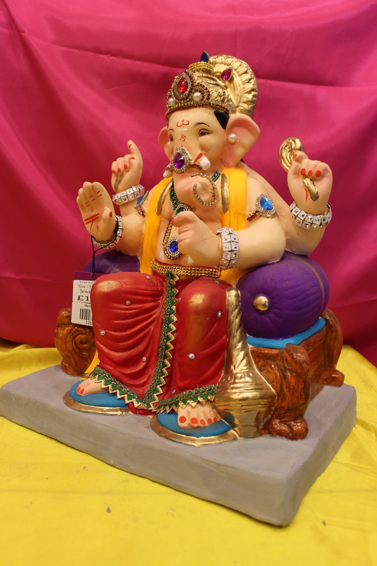 Eco-Friendly Ganesh Visarjan Idol – Jewellery Style, Red Khes & Yellow Dhoti, ~18 inch