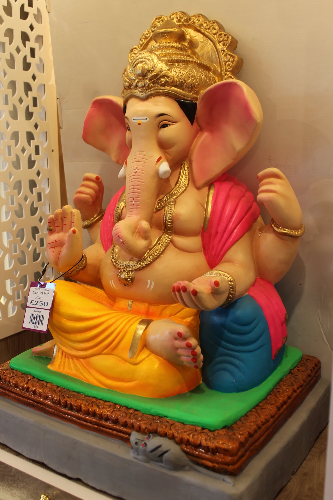 Eco-Friendly Ganesh Visarjan Idol – Yellow Dhoti & Pink Khes, Gold Prabhavali, ~24 inch