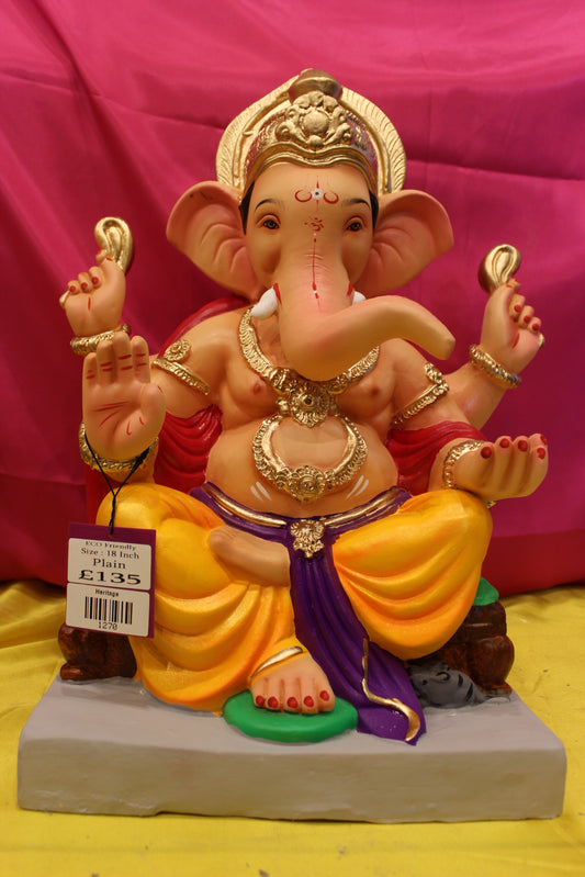 Eco-Friendly Ganesh Visarjan Idol – Marigold Dhoti & Purple Khes, 18 inch