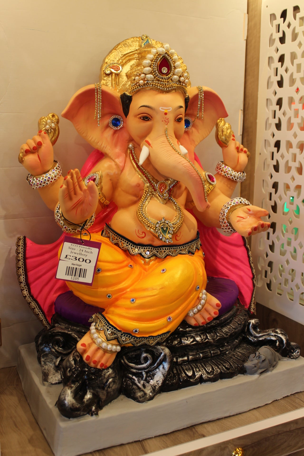 Eco-Friendly Ganesh Visarjan Idol – Saffron Pheta & Pink Khes, Elephant Throne, ~24 inch