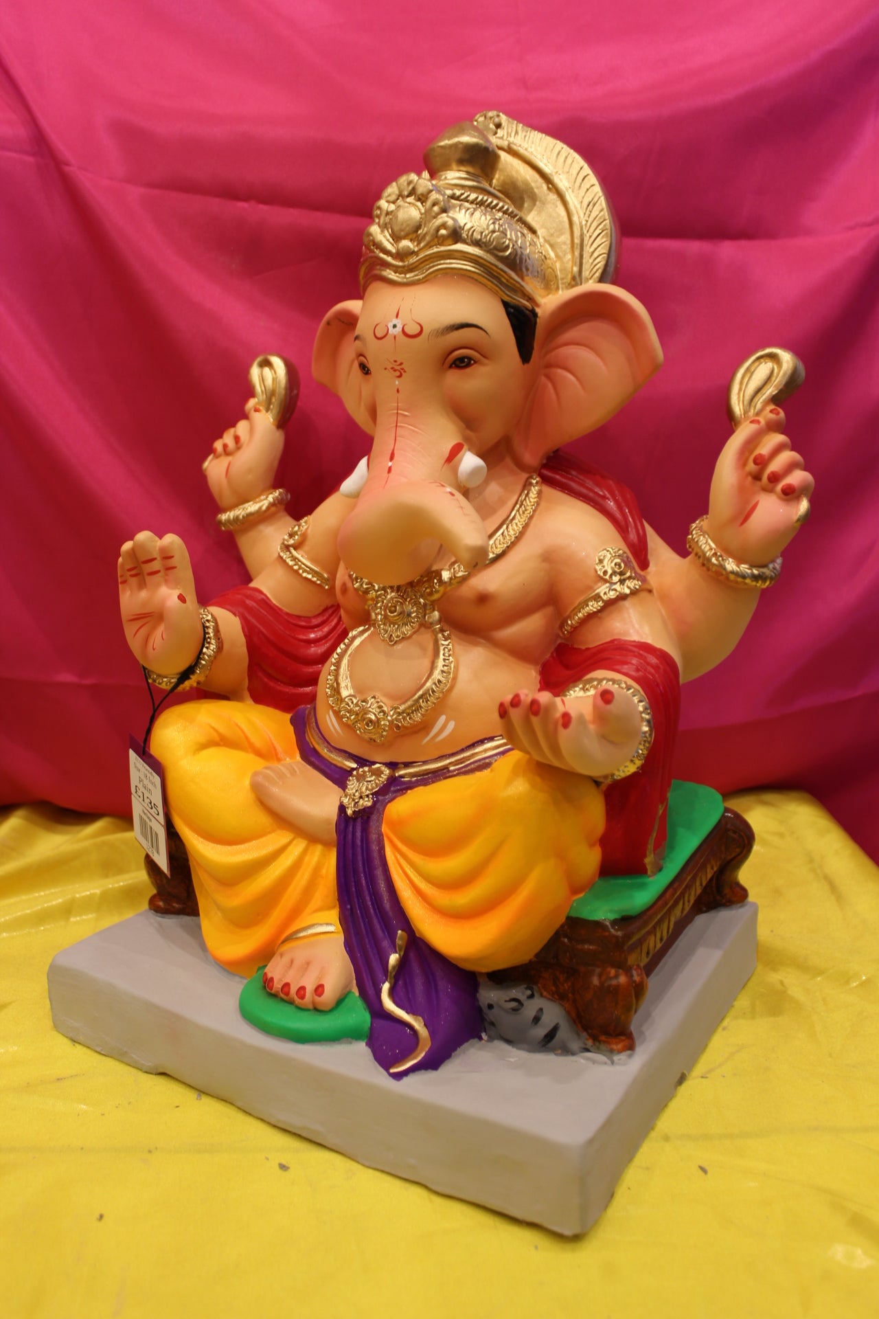 Eco-Friendly Ganesh Visarjan Idol – Marigold Dhoti & Purple Khes, ~18 inch