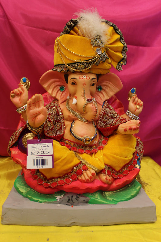 Eco-Friendly Ganesh Visarjan Idol – Full Safa Set, Golden Yellow Velvet & Coral Zari, 18 inch