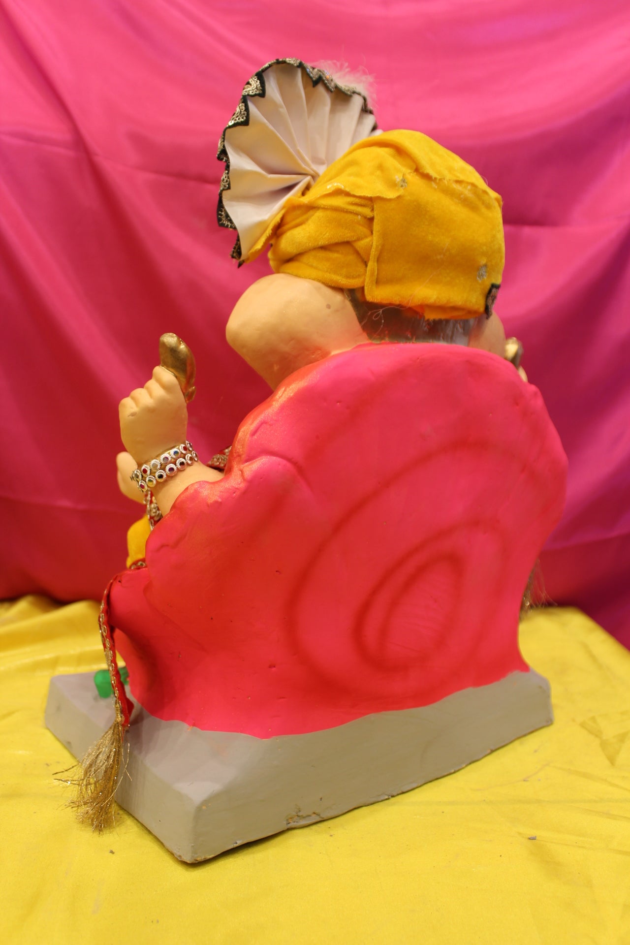 Eco-Friendly Ganesh Visarjan Idol – Full Safa Set, Golden Yellow Velvet & Coral Zari, ~18 inch