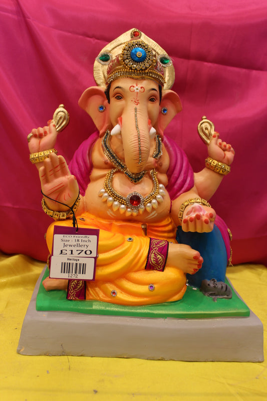 Eco-Friendly Ganesh Visarjan Idol – Jewellery Style, Marigold Dhoti & Magenta Sash, 18 inch