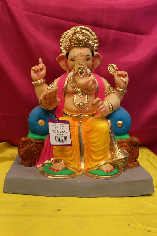 Eco-Friendly Ganesh Visarjan Idol – Golden Dhoti & Pink Sash, Blue Bolsters, 18 inch