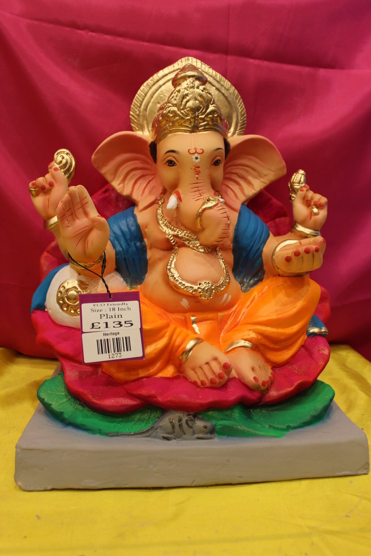 Eco-Friendly Ganesh Visarjan Idol – Orange Dhoti & Blue Khes, ~18 inch