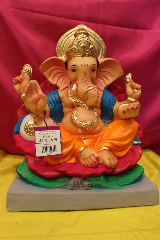 Eco-Friendly Ganesh Visarjan Idol – Orange Dhoti & Blue Khes, 18 inch