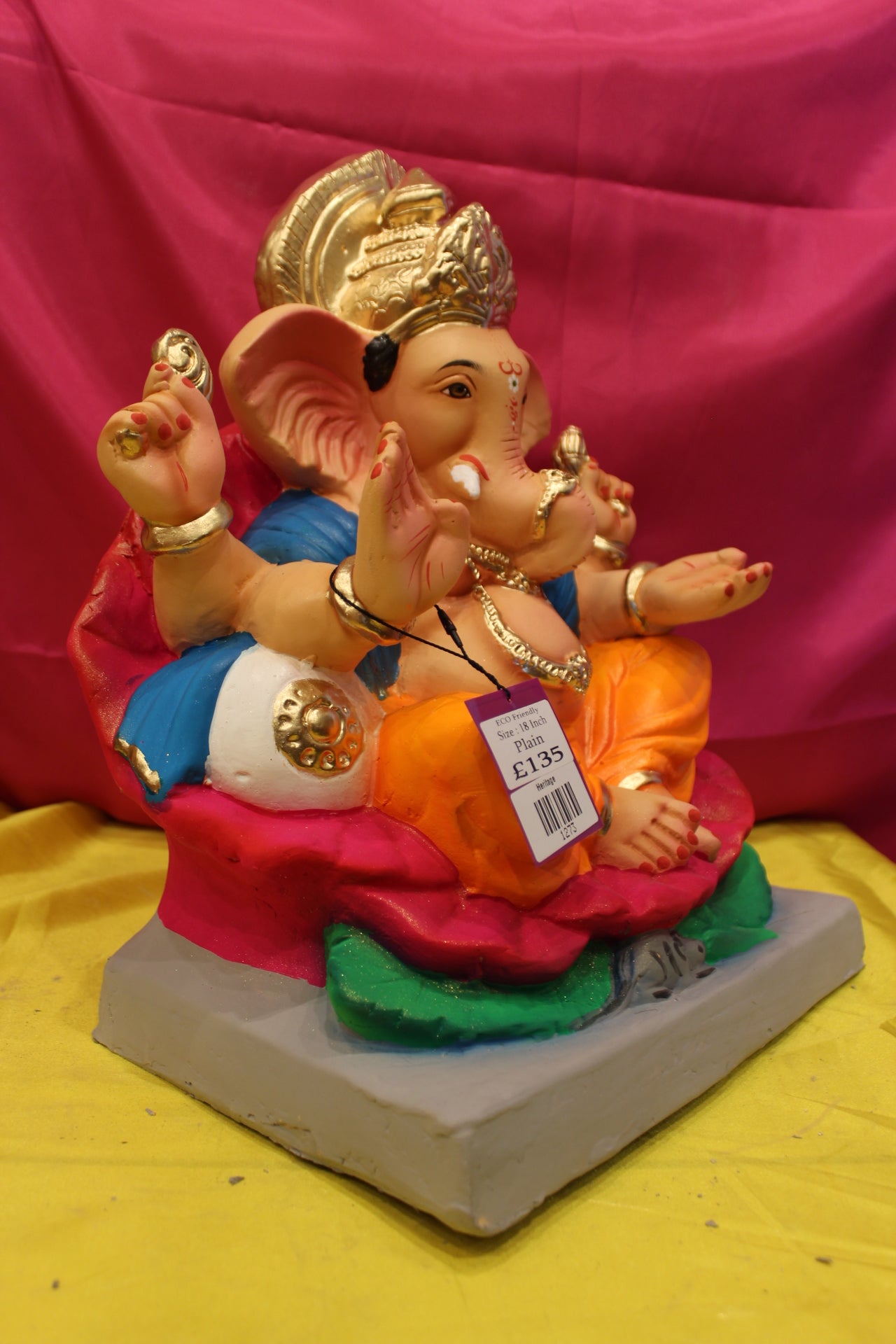 Eco-Friendly Ganesh Visarjan Idol – Orange Dhoti & Blue Khes, ~18 inch