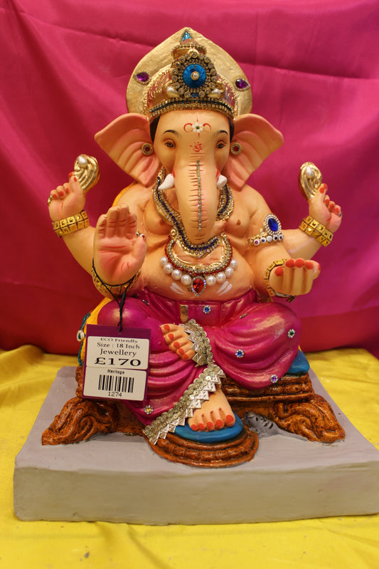 Eco-Friendly Ganesh Visarjan Idol – Jewellery Style, Magenta Dhoti & Yellow Khes, 18 inch