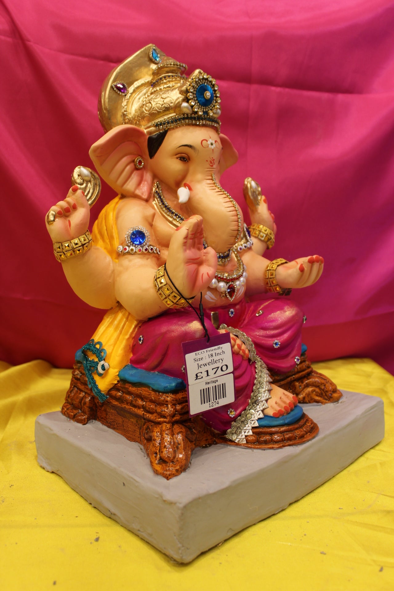 Eco-Friendly Ganesh Visarjan Idol – Jewellery Style, Magenta Dhoti & Yellow Khes, ~18 inch