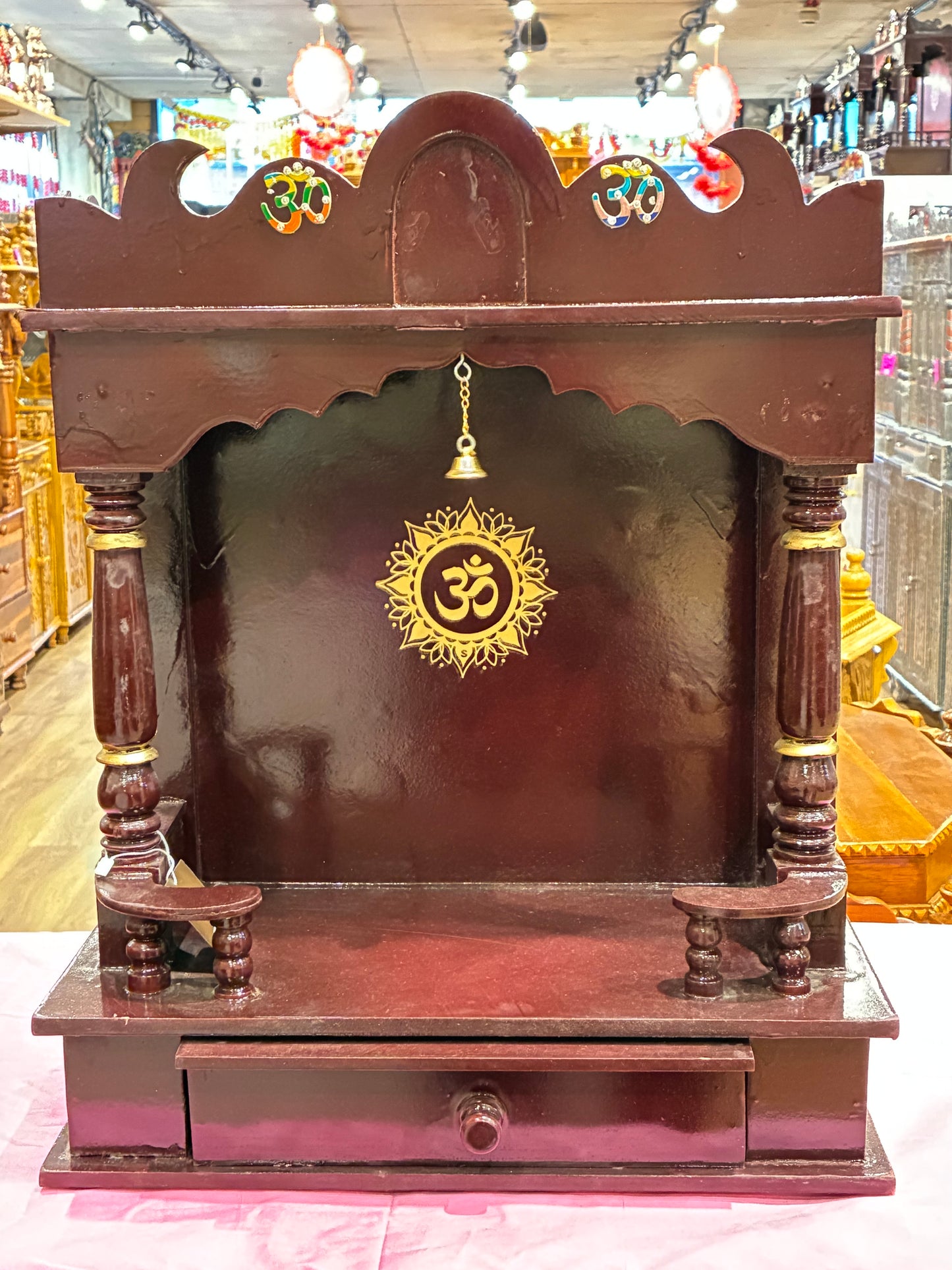 Mahogany Wooden Mandir – Gold Om Accents, 58cm (A116)