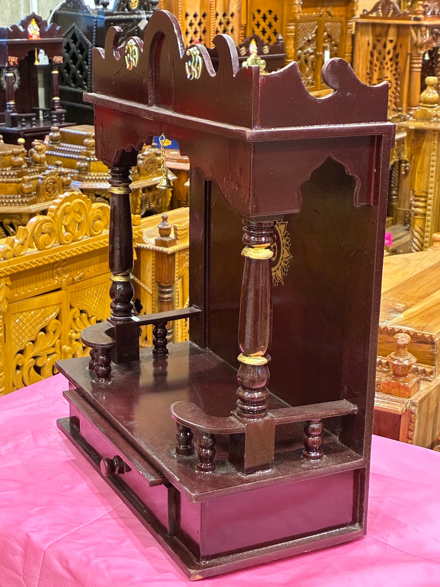 Mahogany Wooden Mandir – Gold Om Accents, 58cm (A116)