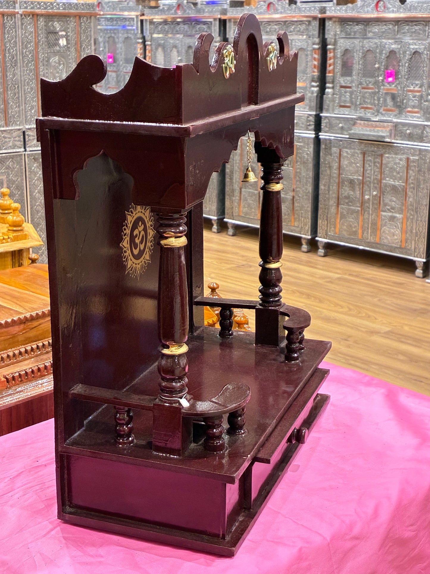 Mahogany Wooden Mandir – Gold Om Accents, 58cm (A116)