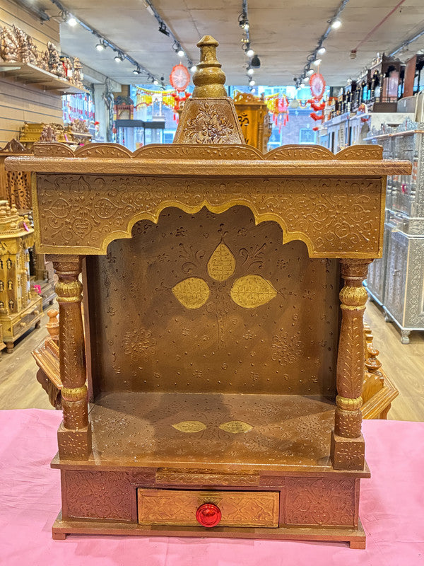 Light Brown Wooden Mandir – Gold Detailing, 60cm (A107)
