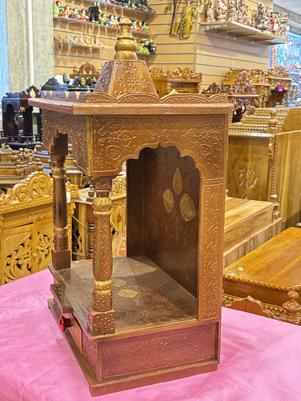 Light Brown Wooden Mandir – Gold Detailing, 60cm (A107)