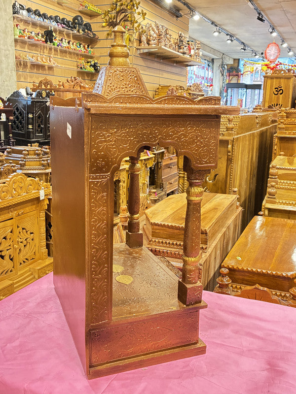 Light Brown Wooden Mandir – Gold Detailing, 60cm (A107)
