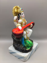 Load image into Gallery viewer, SARASWATI MURTI Hindu Goddess Statue. Saraswati mata godess of knowledge carved statueGoldWhite
