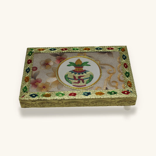 Floral meenakari chowki pooja stool in gold and enamel, 6 x 4 inch