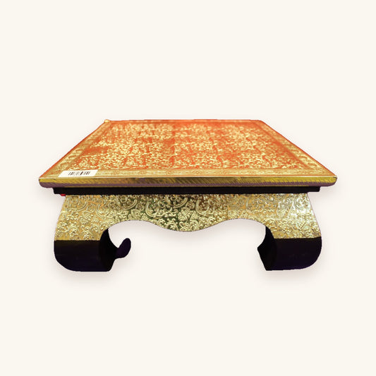 Premium gold embossed bajot pooja chowki with arched apron, 16 x 16 x 8 inch