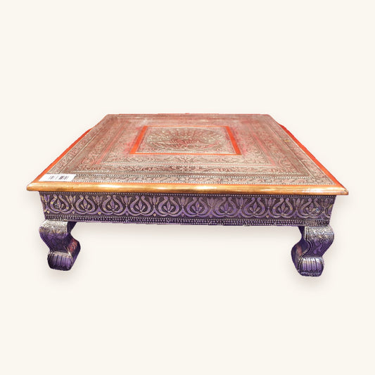Oxidised silver bajot pooja chowki with embossed peacock panel, 18 x 18 inch