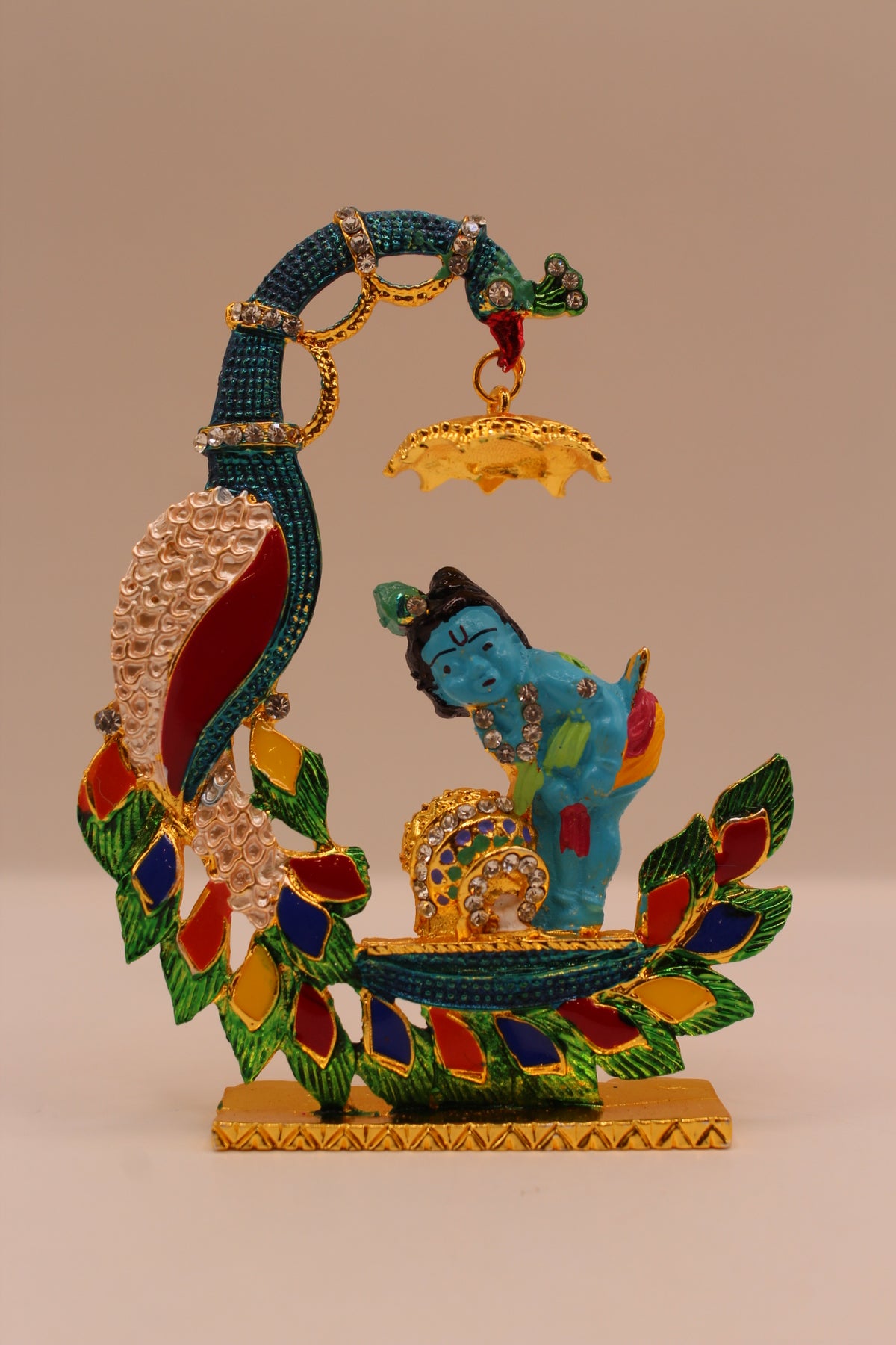 Bal Gopal Murti with Peacock – Colourful Metal, 4.5 inch – front view