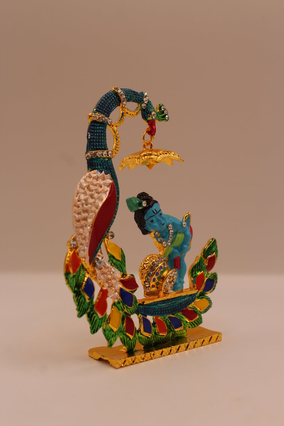 Bal Gopal Murti with Peacock – Colourful Metal, 4.5 inch – left side view