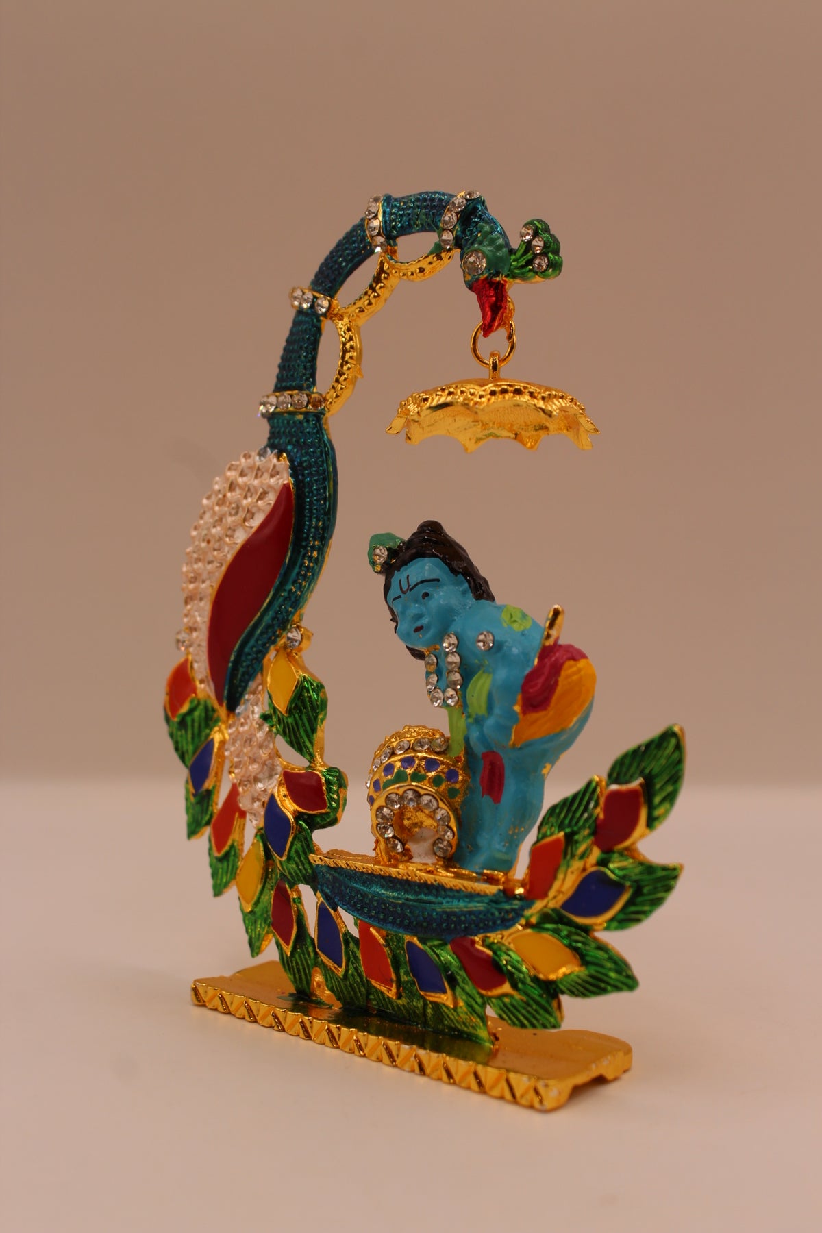 Bal Gopal Murti with Peacock – Colourful Metal, 4.5 inch – right side view