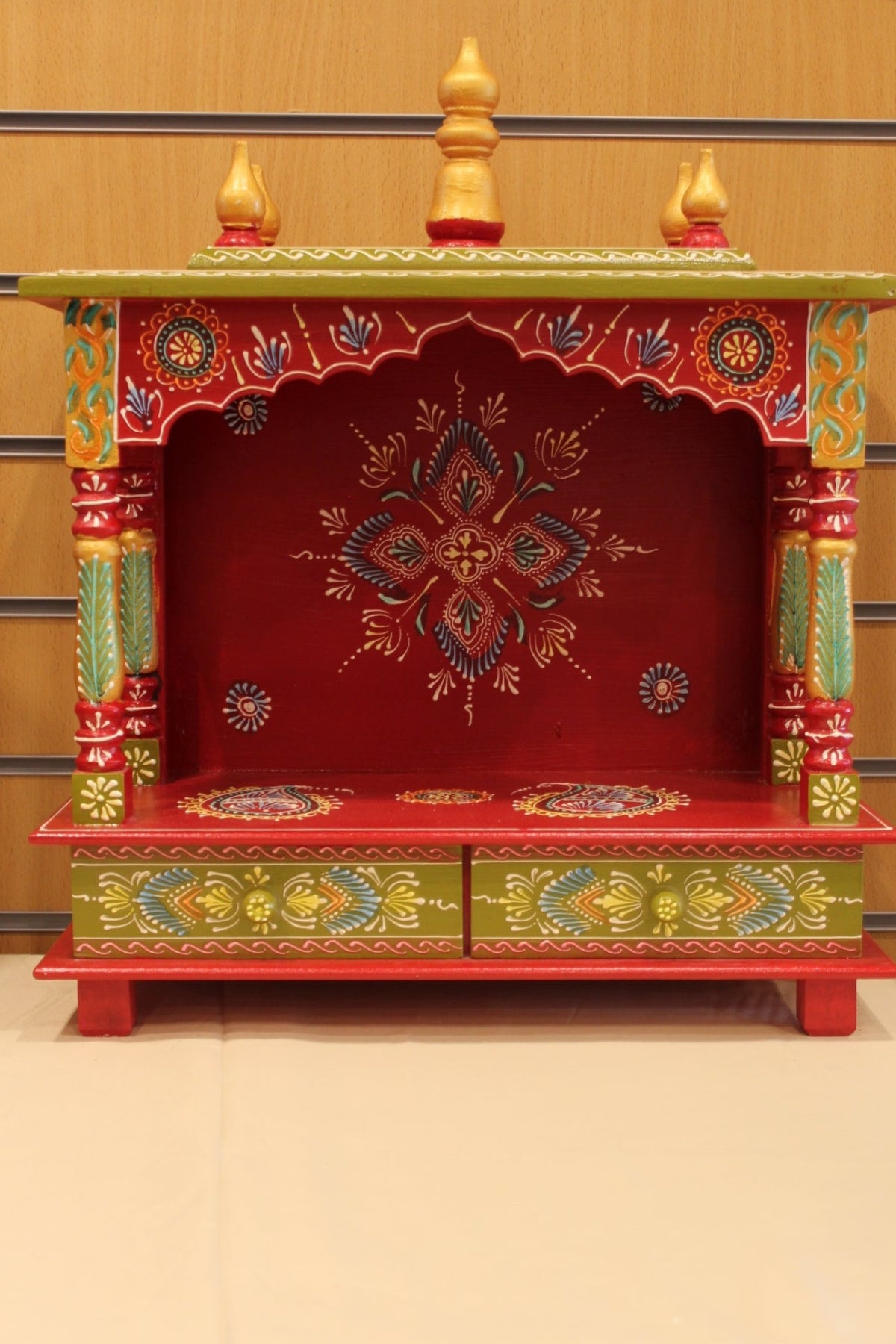 Open Front Jaipuri Mandir in red & green, front view