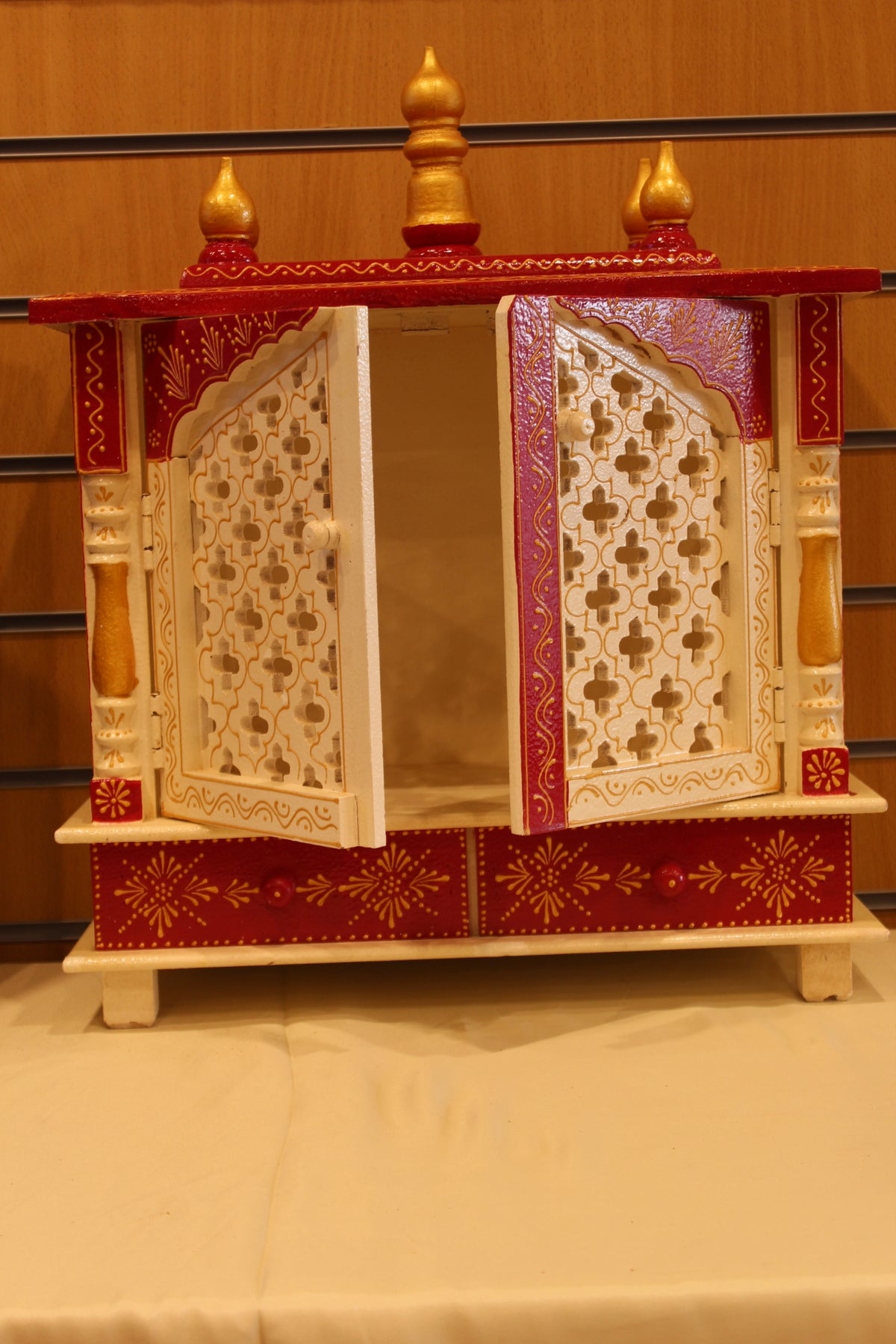 Jaipuri Mandir with Doors in white & red, doors open