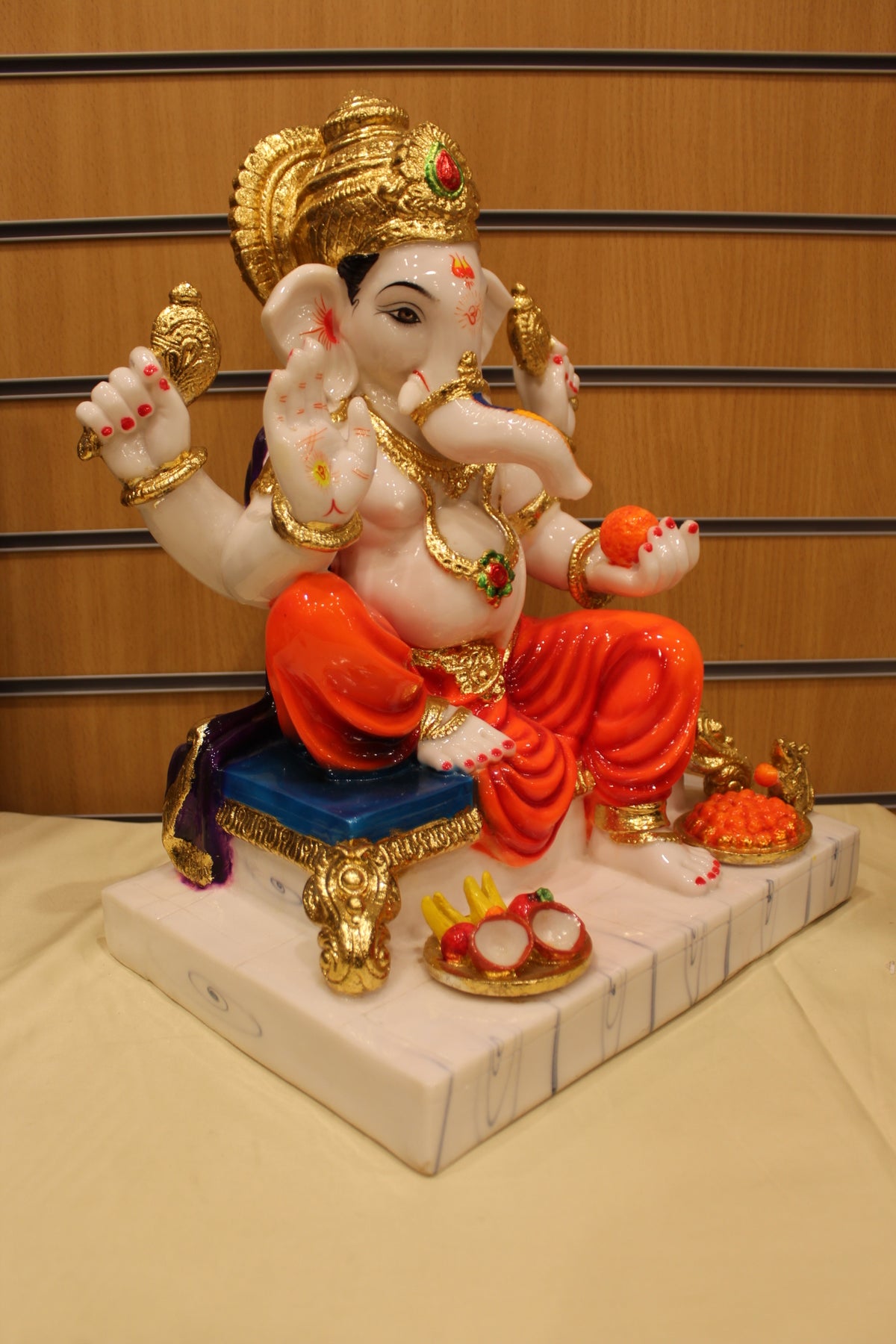 Resin/Fibre Ganesh Statue for Home Temple – On Throne with Modak, 17 inch – left side view