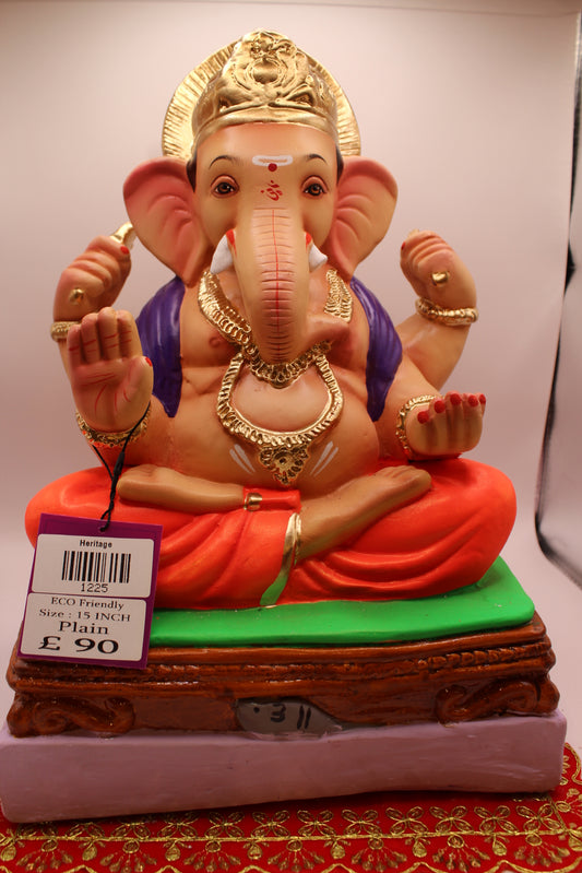 Eco-Friendly Ganesh Visarjan idol, Purple Khes & Orange Dhoti, Gold Collar, front view