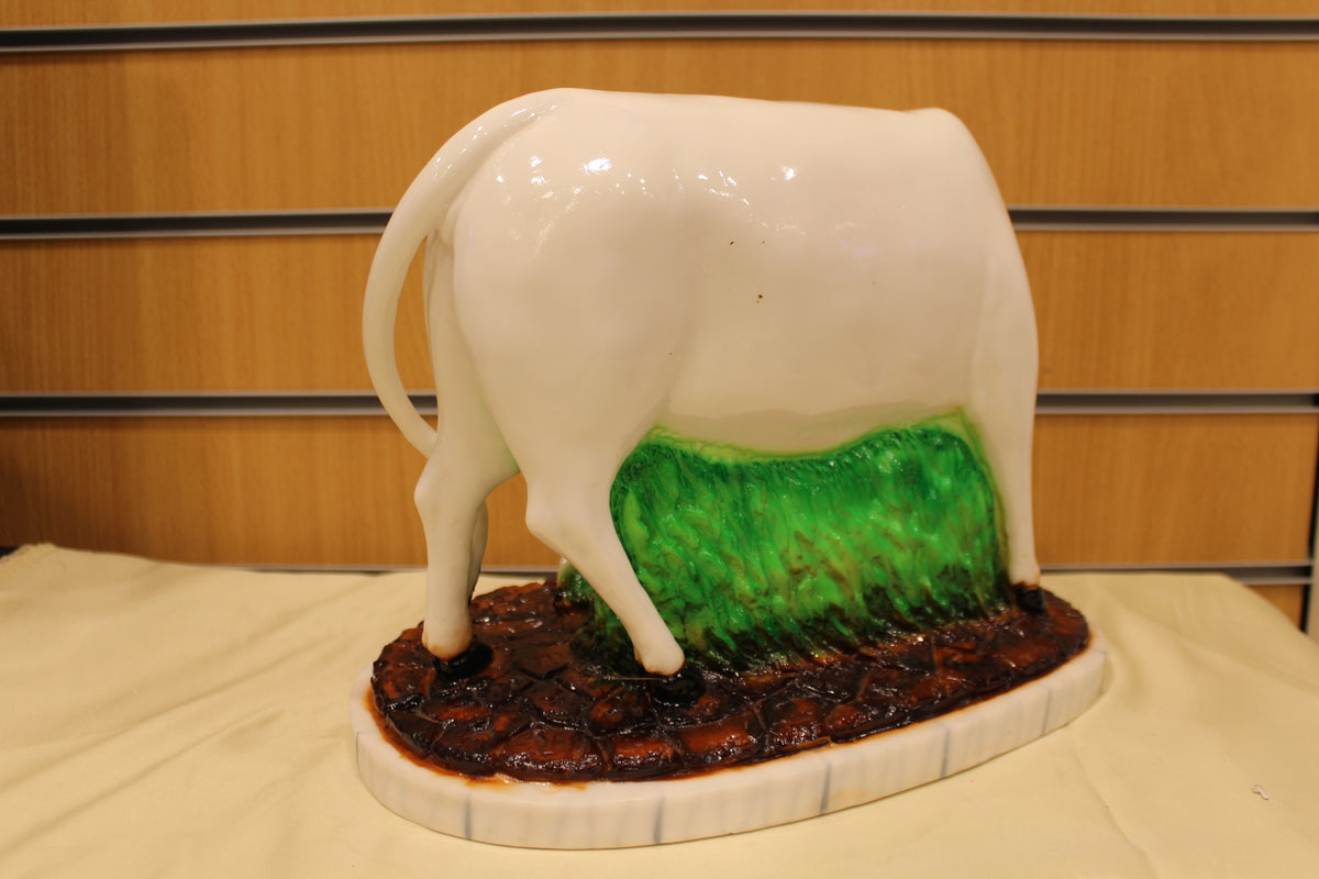 Resin/Fibre Kamdhenu Cow and Calf Statue – White on Grass Base, 10 inch – back view