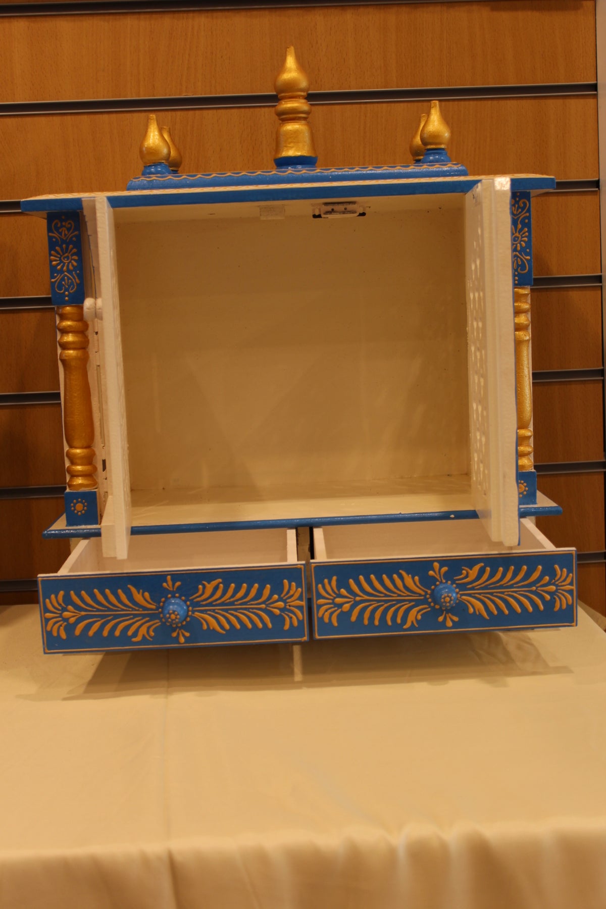 Jaipuri Mandir with Doors in white & blue, doors and drawers open
