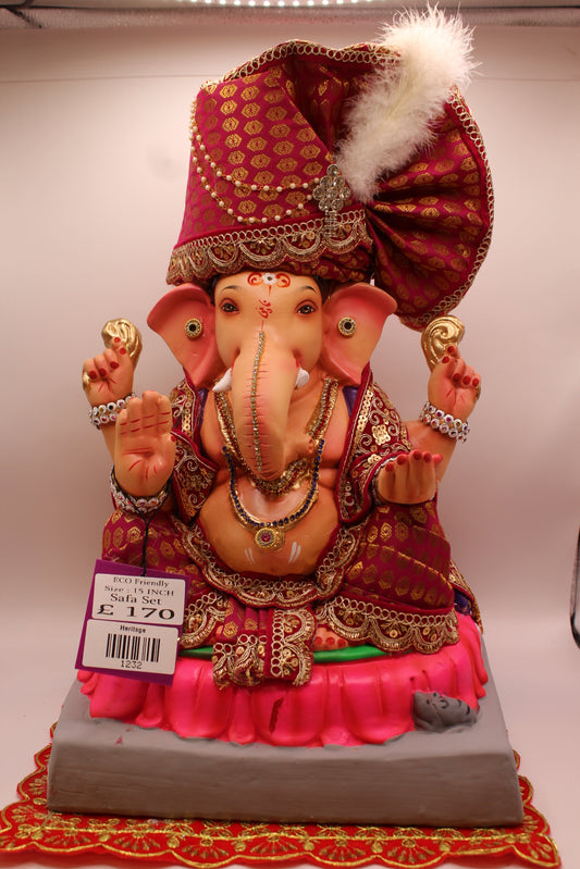 Eco-Friendly Ganesh Visarjan idol, Full Safa Set Rani Pink & Purple, front view