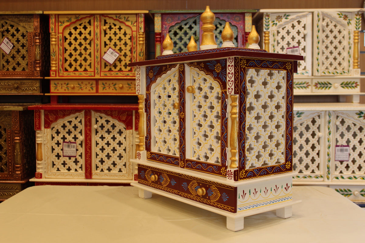 Jaipuri Mandir with Doors in maroon & white, angled side view from the other side