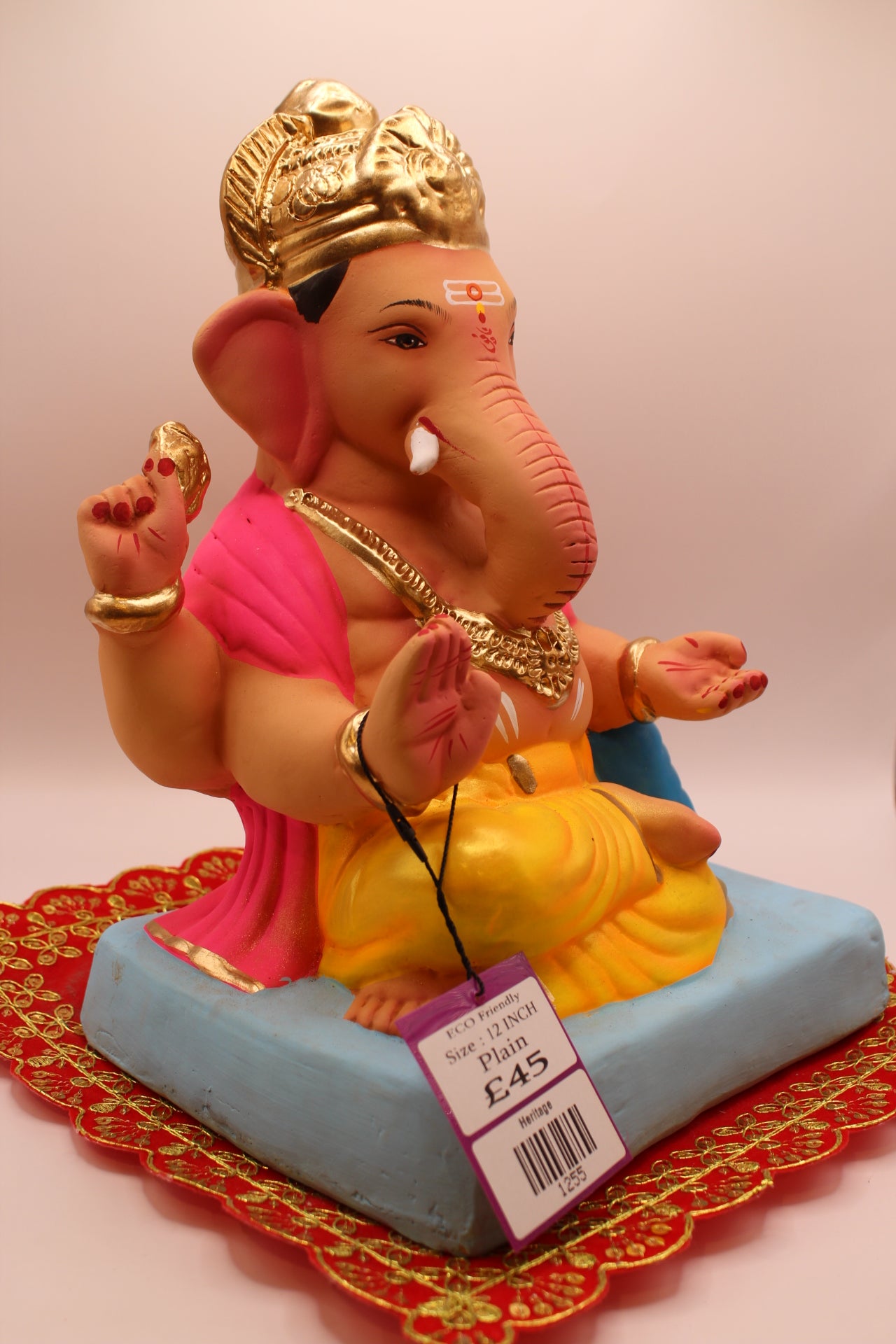 Eco-Friendly Ganesh Visarjan idol, Pink Khes & Yellow Dhoti, Blue Bolster, front view 2