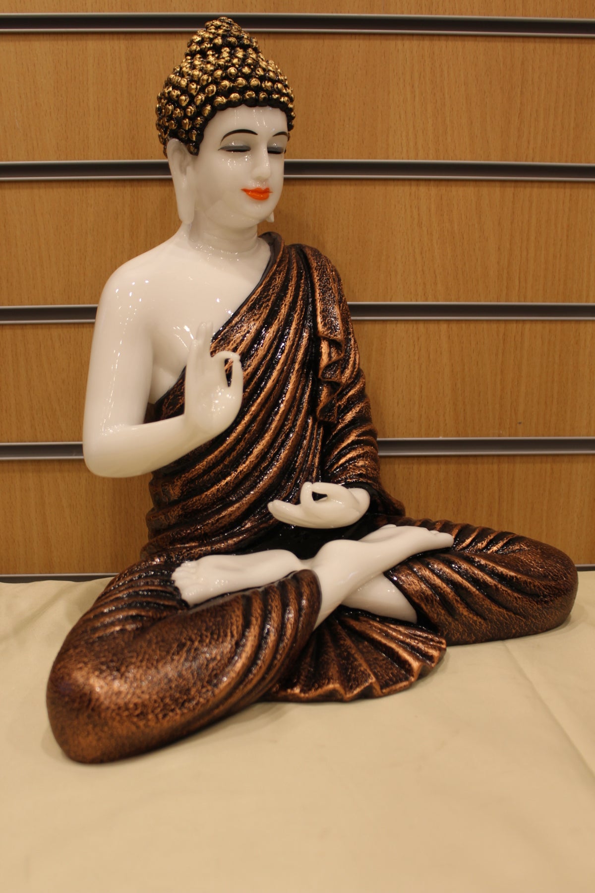 Resin/Fibre Buddha Statue – White & Copper Robe, Blessing Hand, 15 inch – left side view