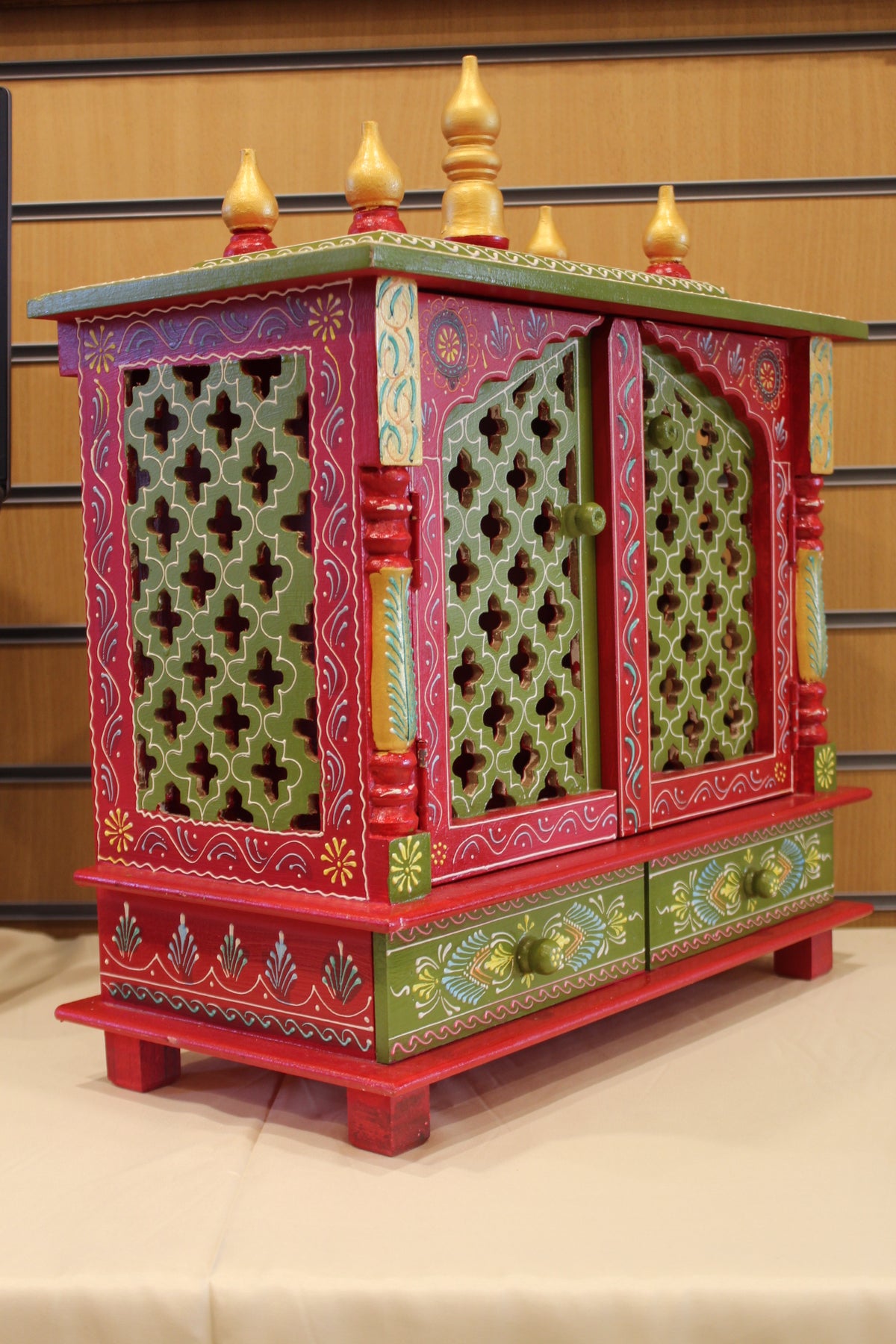 Jaipuri Mandir with Doors in red & green, angled side view