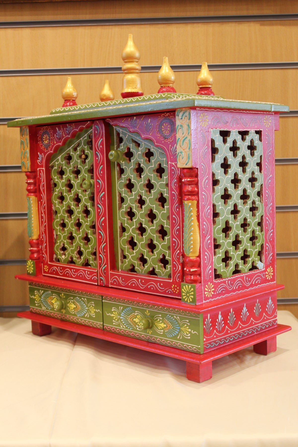 Jaipuri Mandir with Doors in red & green, angled side view from the other side