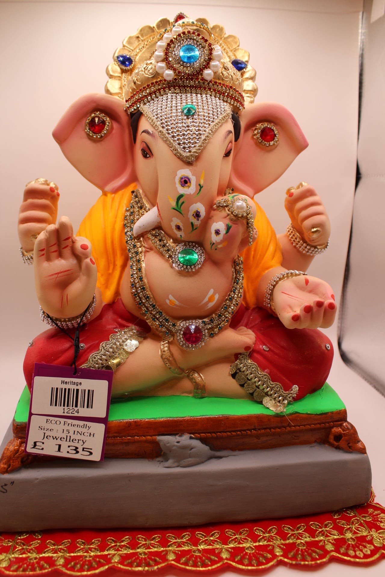 Eco-Friendly Ganesh Visarjan idol, Jewellery Style Saffron Dhoti & Ruby Bolsters, front view