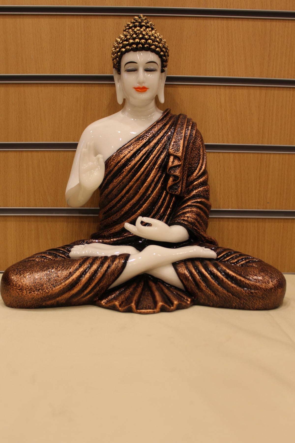 Resin/Fibre Buddha Statue – White & Copper Robe, Blessing Hand, 15 inch – front view