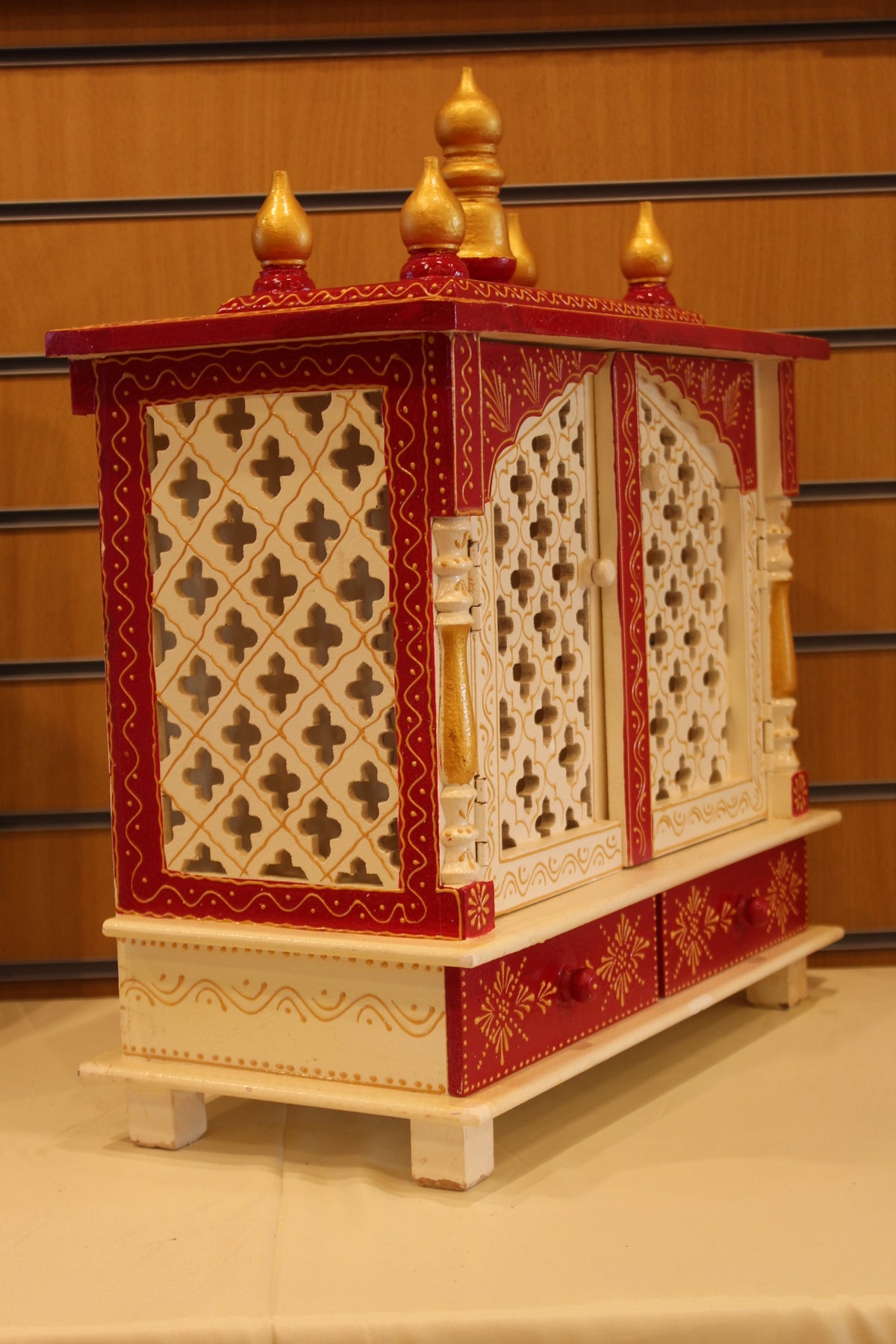 Jaipuri Mandir with Doors in white & red, angled side view