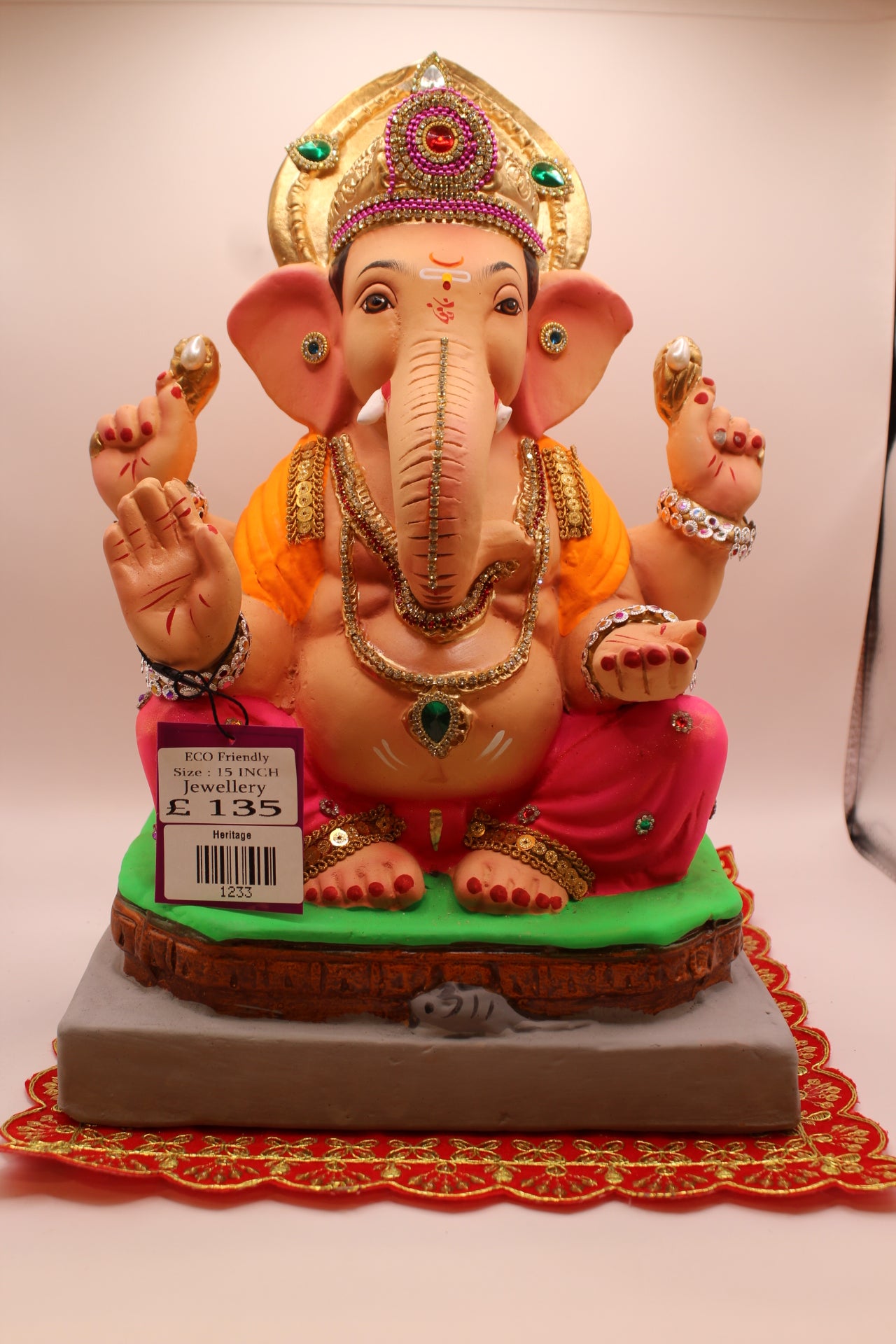 Eco-Friendly Ganesh Visarjan idol, Jewellery Style Orange Khes & Pink Dhoti, front view